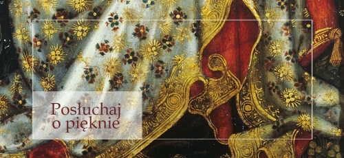 fragment szaty zdobionej złotymi ornamentami i kwiatami