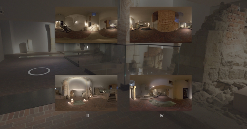 zrzut ekranowy wirtualnego zwiedzania, cztery miniatury sal rezerwatu bazyliki